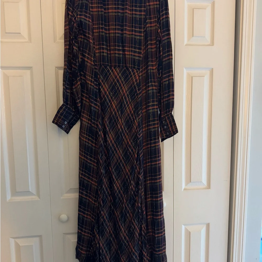 NATURAL LIFE Navy and Orange Plaid Long Sleeve Dress With Gold Thread (Rare) - Picture 2 of 7